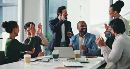 Applause, high five and business people with laptop in meeting, teamwork or stock market success. Achievement, collaboration and broker group celebration with pc, finance growth and winning in office - Powered by Adobe