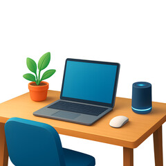 Fototapeta premium Workspace Setup Desk, Laptop, Chair, Speaker, Plant, and Mouse – A Modern Home Office Scene