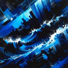 An abstract cityscape is rendered with bold brushstrokes of blue and black, creating a dynamic and modern composition