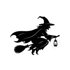 Silhouette of a witch flying on a broomstick holding a lantern