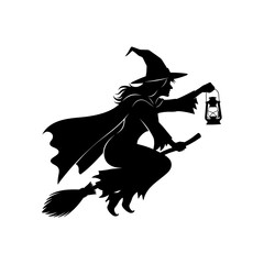 Silhouette of a witch flying on a broomstick holding a lantern