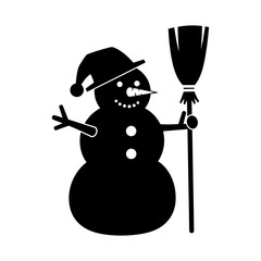 Black silhouette of a happy snowman wearing a hat and holding a broom