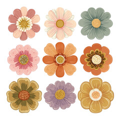 Fototapeta premium Collection of nine colorful vintage style illustrated flowers.
