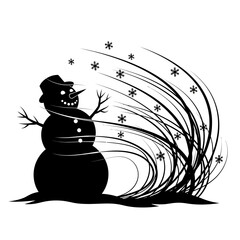 Snowman silhouette standing in a snowy windy winter scene