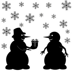 Silhouette of two snowmen exchanging gift with snowflakes falling