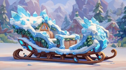 Enchanting crystal-adorned sleigh in a whimsical winter landscape with snowy mountains creates a