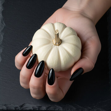 Woman's hand with a perfect glossy black manicure holding a small white pumpkin. Elegant Halloween nail design or autumn beauty salon concept on a dark slate background.