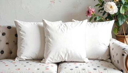 Three White Pillows on a Sofa.