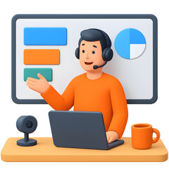 3D rendering of a friendly male presenter with a headset conducting an online business webinar, explaining data with charts and graphs on a screen