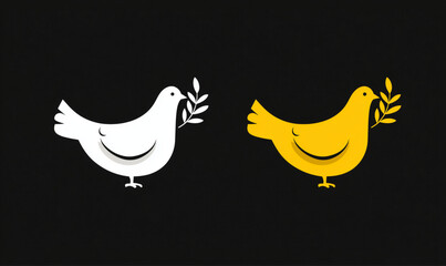 Fototapeta premium White and yellow doves of peace holding olive branches.