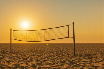 Beach volleyball net silhouetted against sunset on sandy shore