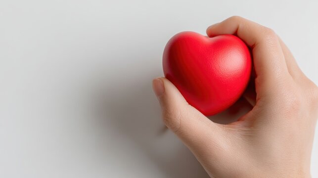 Close-up of a hand squeezing a red heart-shaped stress ball while donating, blood donation concept