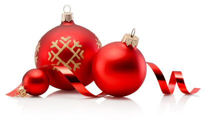 Three red Christmas decoration baubles and curling paper ribbon isolated on white background