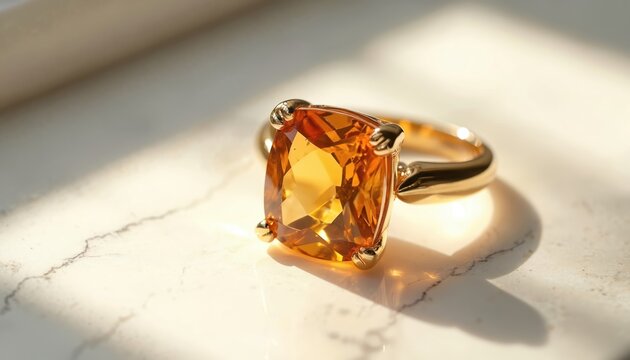 Gold ring with large cushion cut citrine gemstone sits on marble surface. Bright sunlight creates shadows and highlights on polished stone and metal band. Elegant fine jewelry accessory.