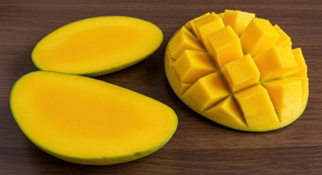 Freshly cut mango with slices on a dark wooden surface