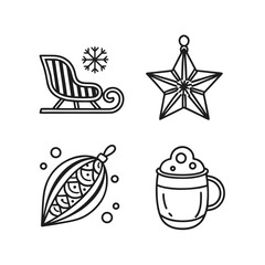 Festive christmas icons set including sleigh star ornament cocoa and snowflakes outline graphics isolated on transparent background