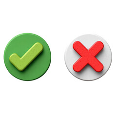 Obraz premium Green checkmark and red cross 3D circular icons for decisions.