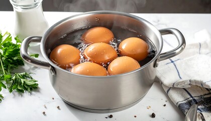 Boiling Eggs in a Pot on a Countertop.