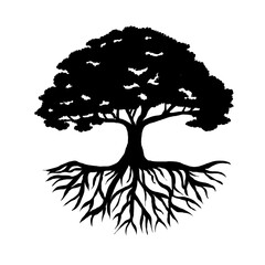 Black and white tree with roots silhouette vector