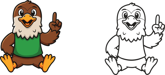 Cartoon eagle character illustration, colored and outline version, children’s coloring book page, educational mascot design, fun animal drawing activity