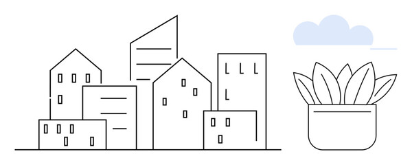 Line art of city buildings with geometric shapes, a potted plant beside them, and a subtle cloud in the sky. Ideal for urban life, sustainability, minimal design, architecture, green spaces