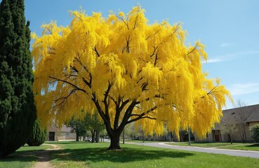 Golden shower tree with cascading yellow flowers. Lush green lawn, blue sky, and buildings in background. A solitary weeping willow offers bright spring colors.