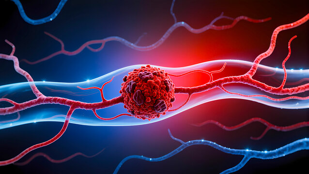 3D visualization of a cancerous tumor attached to blood vessels. Concept of oncology and medicine.