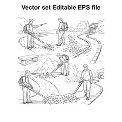Obraz premium Vector art of vector set of man using leaf blower illustration