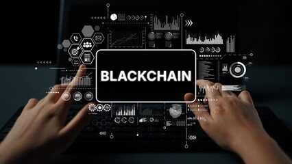 Innovative Blockchain Technology Concept with Digital Graphics and Data Visualizations on a Laptop Screen. Asymptotic smart data analytic.