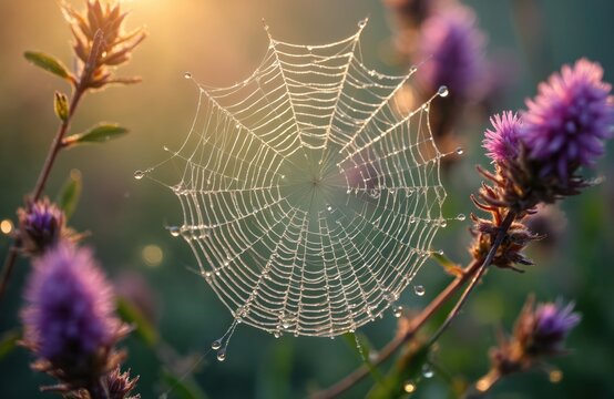 Spider web with dew drops on purple flowers in morning sunlight. Water droplets on spidernet in green meadow. Close-up of delicate cobweb with water drops on wildflowers. Nature scenery with floral