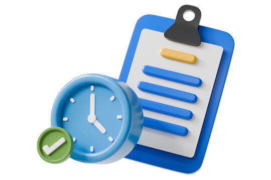 3d clock and clipboard with check mark icon. time management completion concept. Minimal cartoon planner checklist timer for app ui banner. isolated on white background. 3d render. - Powered by Adobe