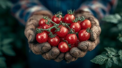 Freshly harvested cherry tomatoes held in farmer's hands showcasing organic farming practices