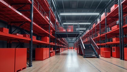 Modern warehouse interior with red shelving, black metal frames. Mezzanine floor with staircase connects storage areas. Bright LED lighting illuminates space. Wooden floor, red boxes on shelves.