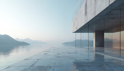 Modern glass and concrete building exterior by calm sea. Futuristic architecture with mountain views offers minimalist aesthetic. Space provides clear, open atmosphere for contemplation.