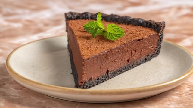 Slice of rich, decadent chocolate dessert with a chocolate crust, dusted with cocoa powder and garnished with fresh mint leaves, beautifully presented on a neutral-colored plate.