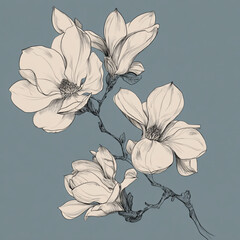 Elegant hand drawn illustration of white magnolia flowers on a branch.