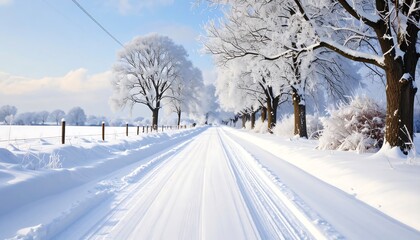 Snowy Winter Road Through Trees.