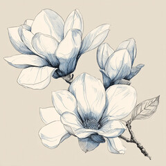 Elegant botanical illustration of white and blue magnolia flowers.