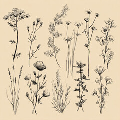 Vintage botanical illustration set of various meadow flowers and herbs.