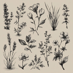 Collection of vintage hand drawn botanical flower and plant illustrations.
