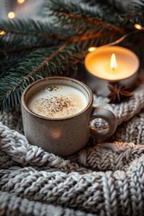 Warm coffee drink with sprinkled cinnamon in a ceramic mug, nestled in a chunky knit blanket with a candle and pine branches nearby.