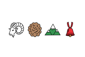Aries zodiac symbol: goat, wool, mountain, bell illustrations. Colorful icons set illustrated