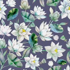 Floral seamless watercolor pattern with white flowers lotus and green leaves. Hand drawn Water Lily Illustration on a blue background. Graceful Botanical Floral elements for clipart, spa or Zen design