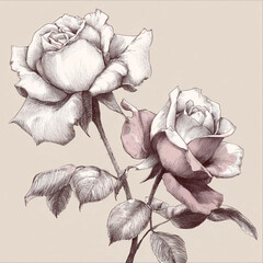 Elegant hand drawn botanical illustration of two roses.
