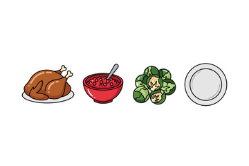 Thanksgiving dinner icons: turkey, cranberry sauce, brussels sprouts, empty plate. Colorful icons set illustrated
