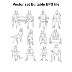 Obraz premium Vector art of a collection of black and white line drawings depicting various people sitting in different poses on chairs and a bench