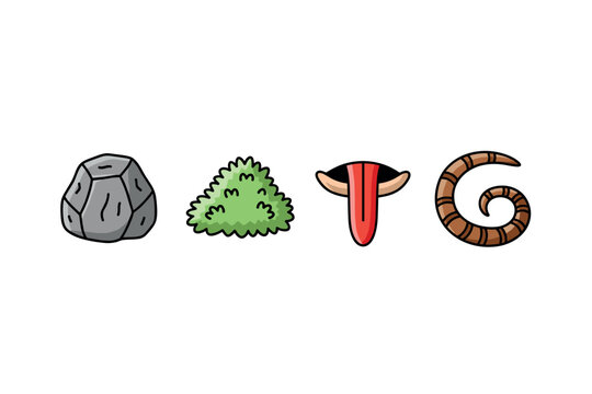 Nature elements: rock, bush, tongue, worm illustrations. Colorful icons set illustrated
