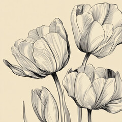 Elegant hand drawn sketch of four beautiful tulip flowers.