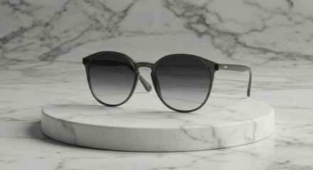 Sunglasses on a round display against a marble backdrop