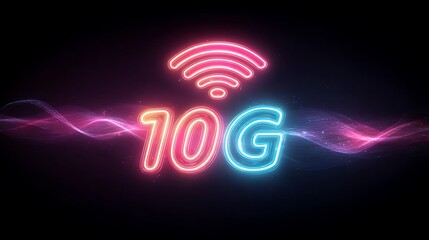 Futuristic 10G Technology Concept with Neon Glow and Abstract Energy Waves on Dark Background